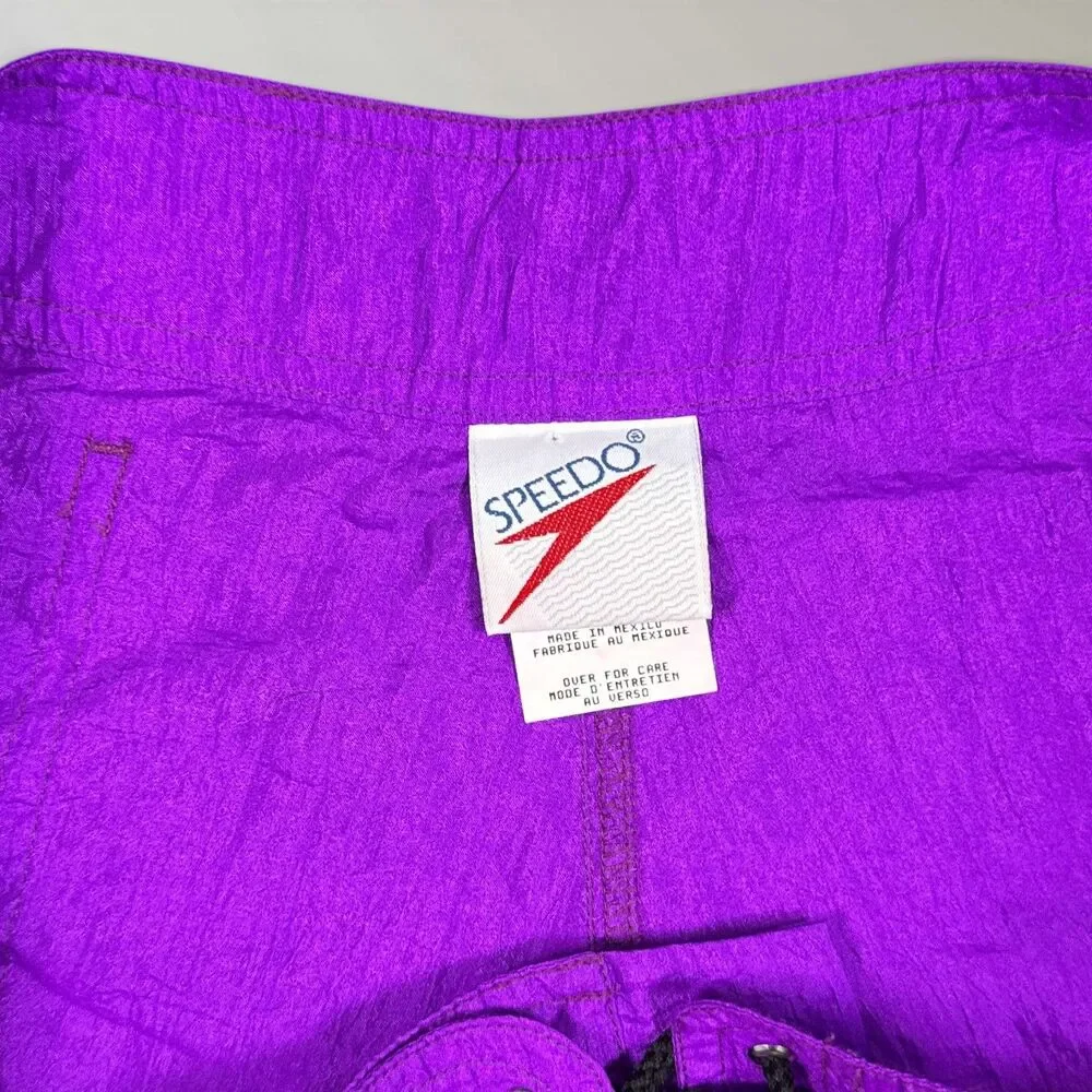 Vintage 90s Speedo Swim Trunks Purple Neon Colorblock Nylon Drawstring Size XL